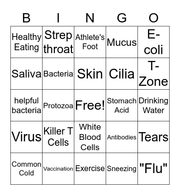 Disease Prevention Bingo Card