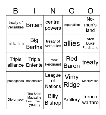 WW1 Vocabulary Bingo Card