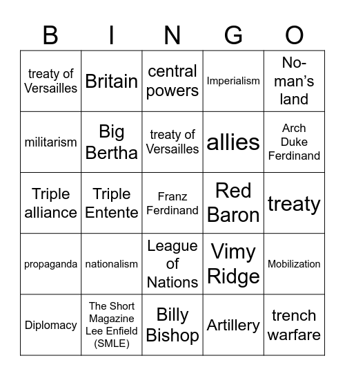 WW1 Vocabulary Bingo Card