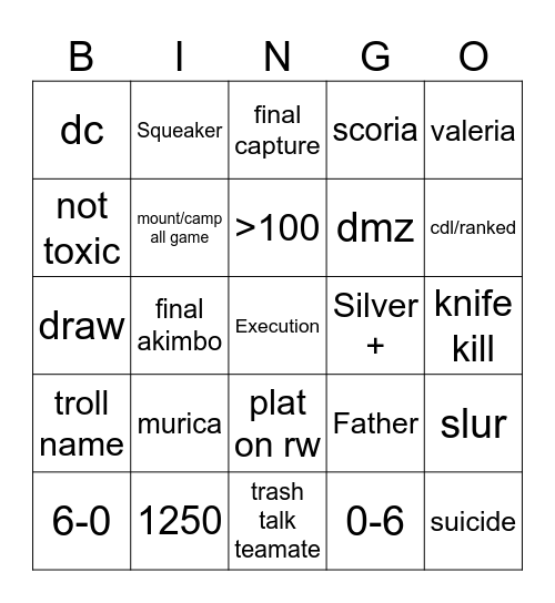 Gunfight bingo Card