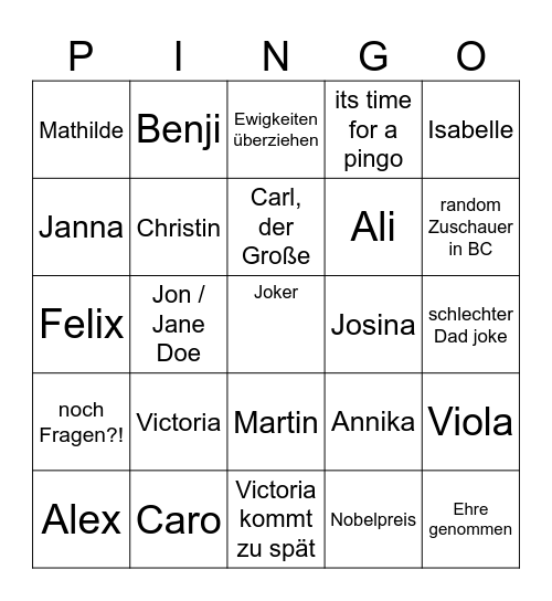 The real Pingo Dingo Bingo Card