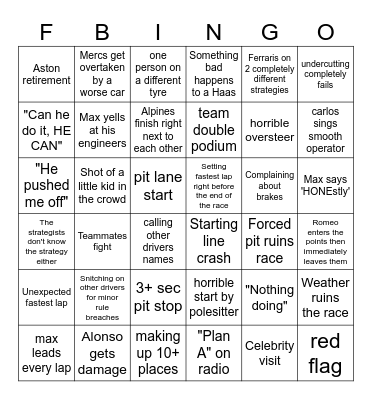2023 F1 Bingo Card