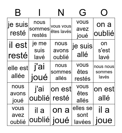 Passé Composé Bingo Card