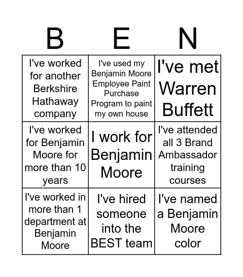 Benjamin Moore "BENGO" Bingo Card