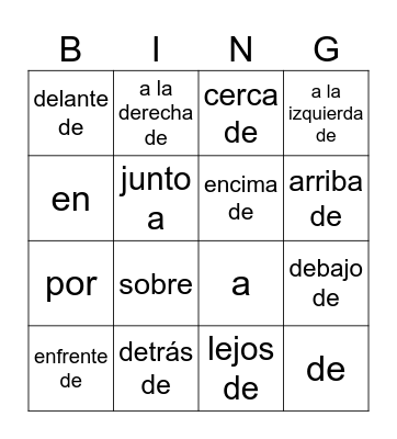 Prepositions Bingo Card