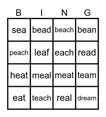 Vowel Team: ea Bingo Card