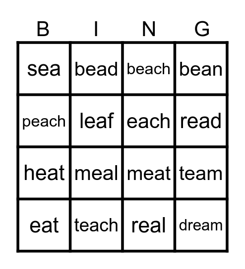 Vowel Team: ea Bingo Card