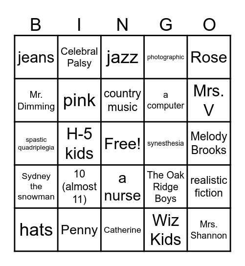 Out of My Mind Bingo Card