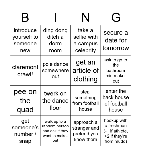 night out Bingo Card