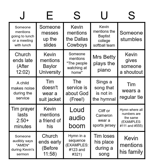 Church Service Bingo Card :) Bingo Card