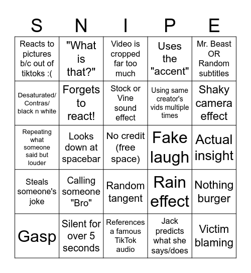 Updated and Accurate SSSniperwolf Bingo Card