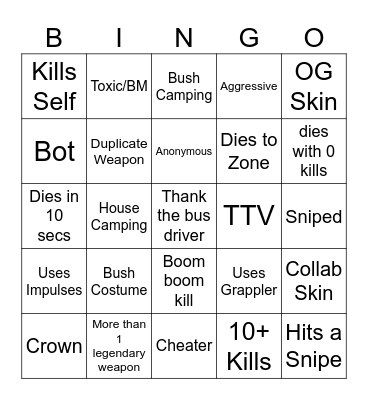 Fortnut Bingus Bingo Card