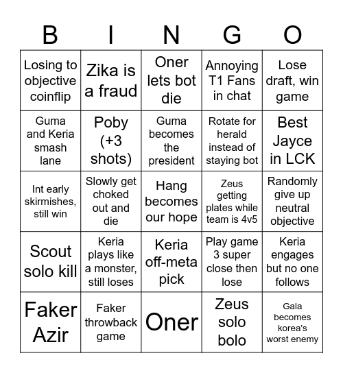 T1 Bingo Card