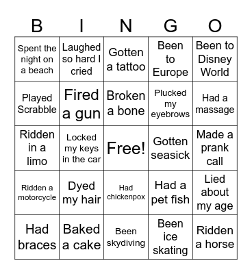 Never Have I Ever... Bingo Card