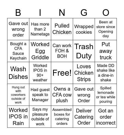 Chick-fil-A Bingo Card