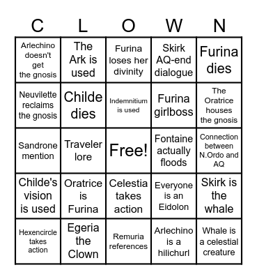 Genshin 4.2 Archon Quest Bingo Card