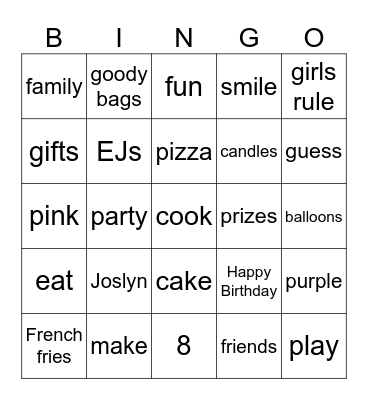 Joslyn's Birthday Bingo Card