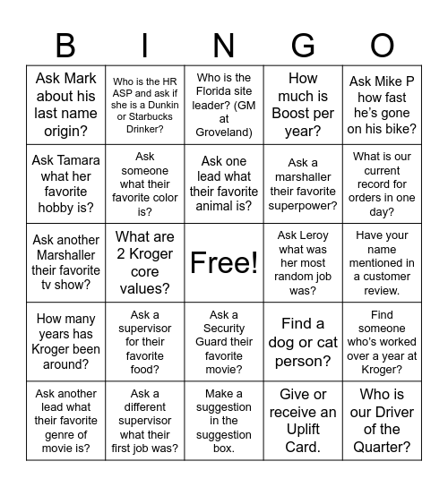 KROGER BINGO Card