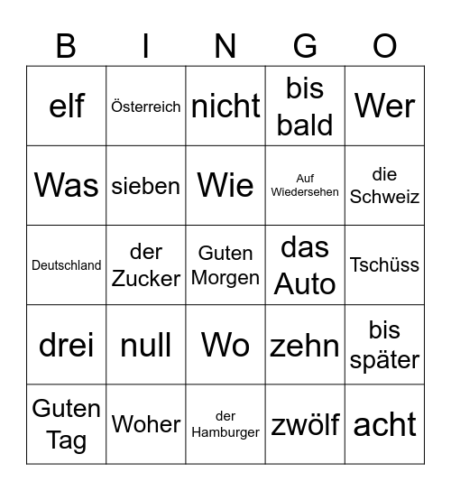 deutsche Wörter Bingo Card