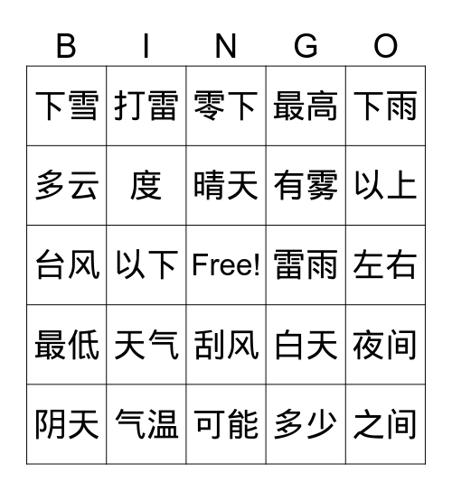 天气 Bingo Card