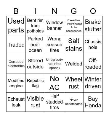 Newfie Shitbox Bingo Card
