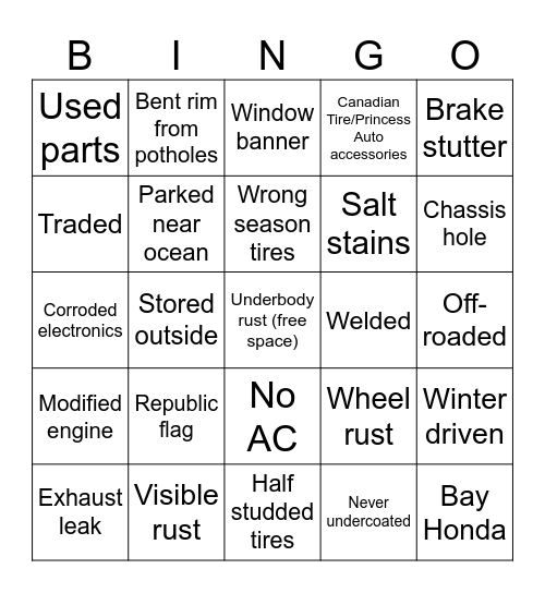 Newfie Shitbox Bingo Card