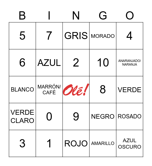NUMEROS Y COLORES Bingo Card