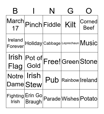 St. Patrick's Day  Bingo Card