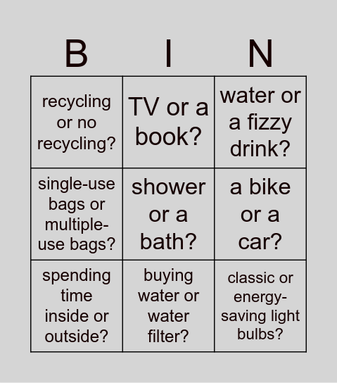 This or that? Are you environmentaly friendly? Bingo Card