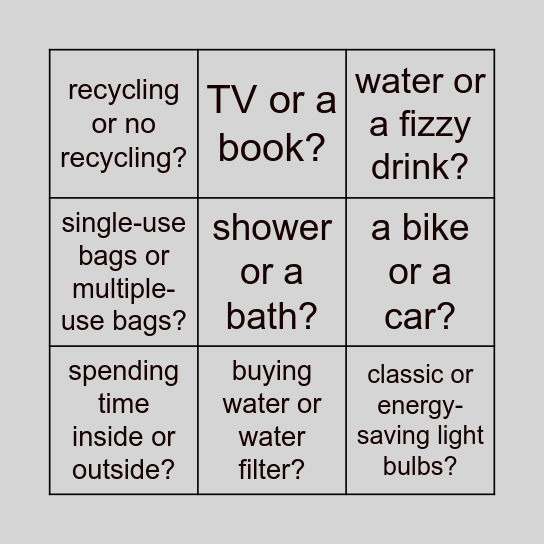 This or that? Are you environmentally friendly? Bingo Card