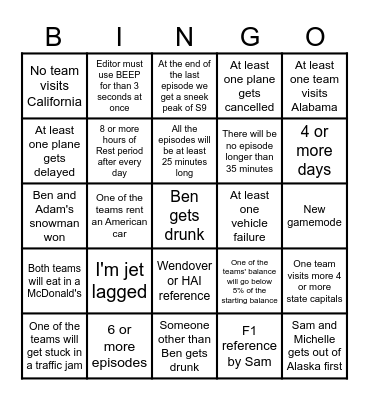 Jet Lag - The Game: Season 8 Bingo Card