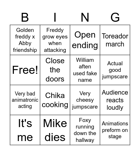 Fnaf bingo board Bingo Card