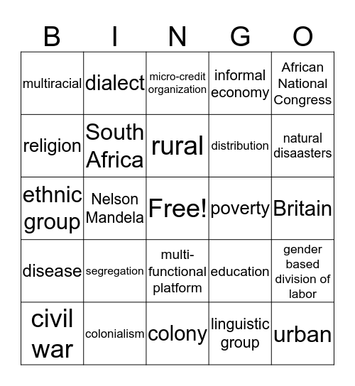 Africa Bingo Card