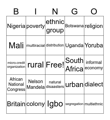 Africa Bingo Card