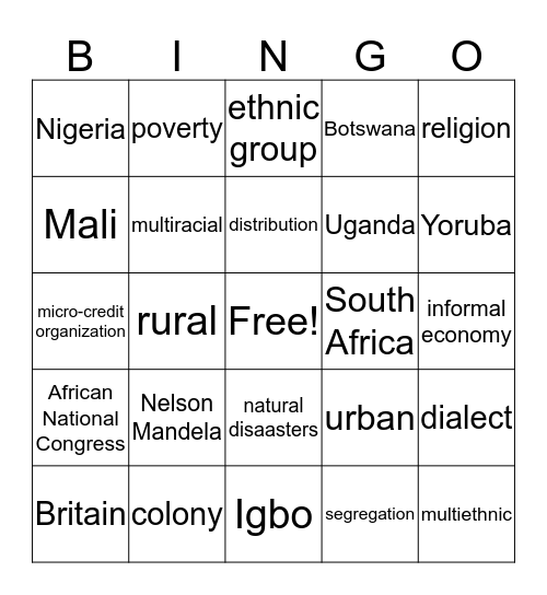 Africa Bingo Card