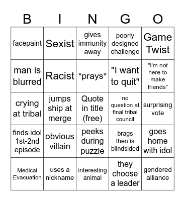 Survivor Bingo Card