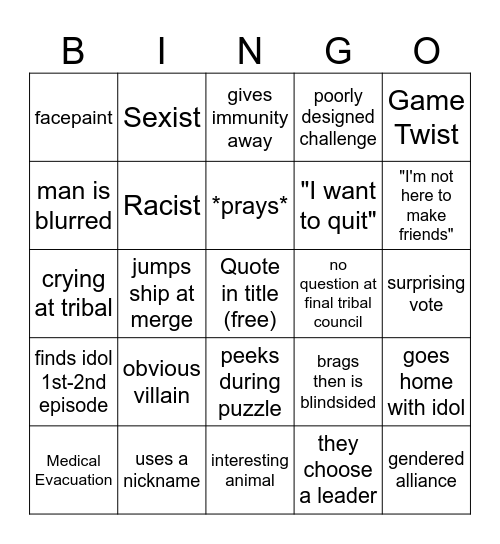 Survivor Bingo Card