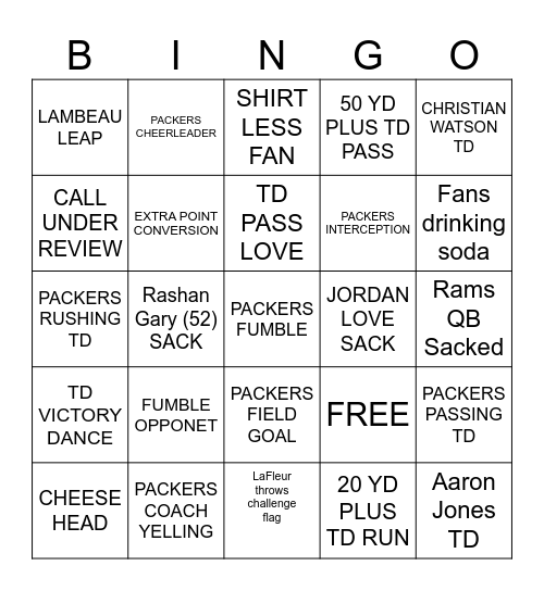 Green Bay Packers Bingo Card