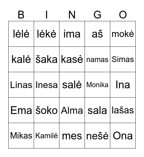 Perskaityk žodžius Bingo Card