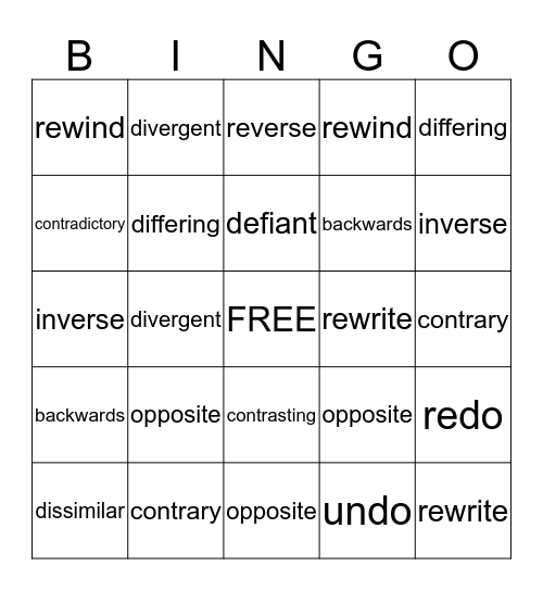 OPPOSITE WORDS  Bingo Card