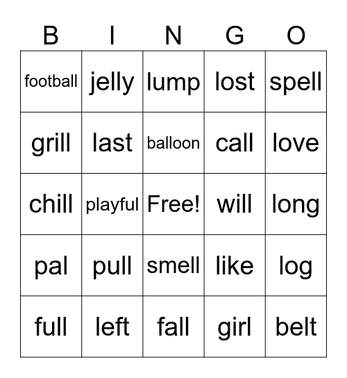 l and ll Words Bingo Card