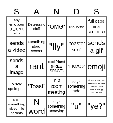 Sands bingo card Bingo Card