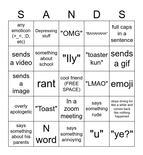 Sands bingo card Bingo Card