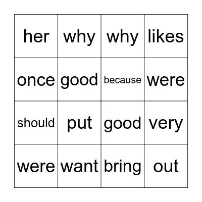 Heart Words Bingo Card