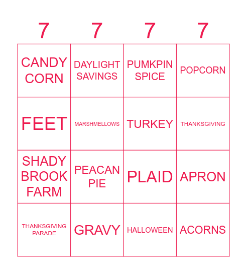 FALL THEME Bingo Card