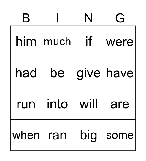 Heart Words Bingo Card