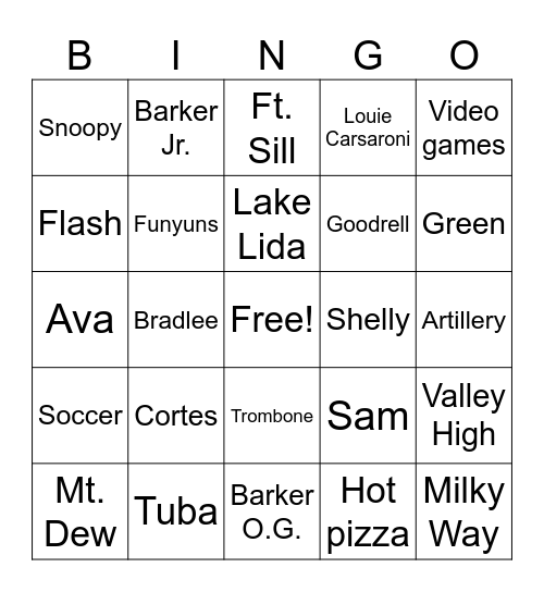 Carson Bingo! Bingo Card