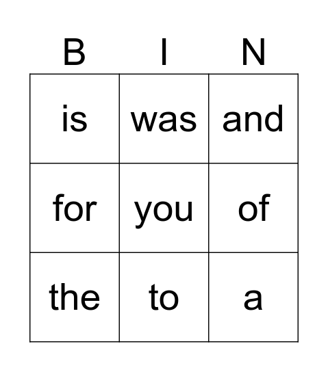 Heart Words Bingo Card