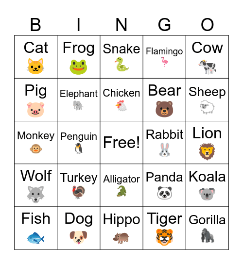 Animal Bingo Card