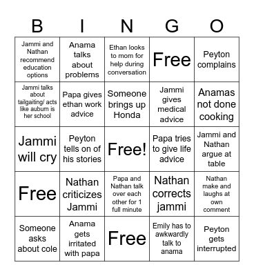 cash family bingo Card